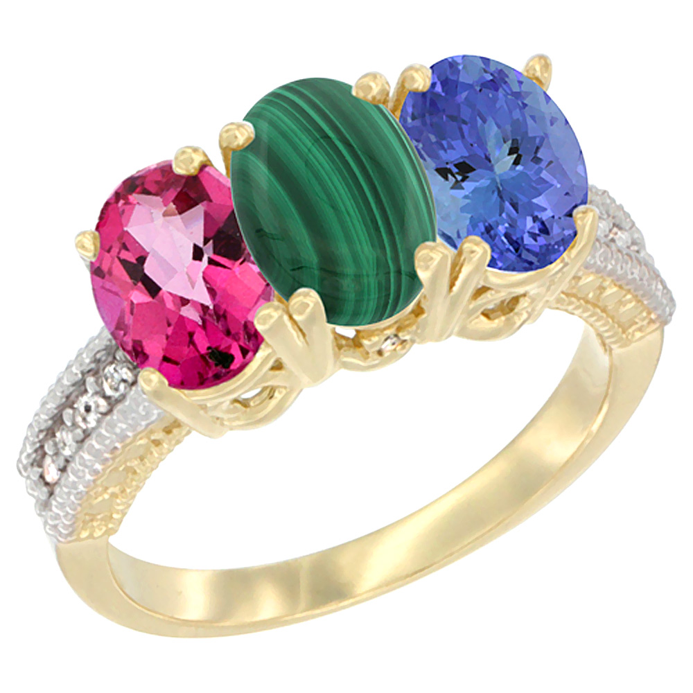 10K Yellow Gold Diamond Natural Pink Topaz, Malachite & Tanzanite Ring 3-Stone 7x5 mm Oval, sizes 5 - 10