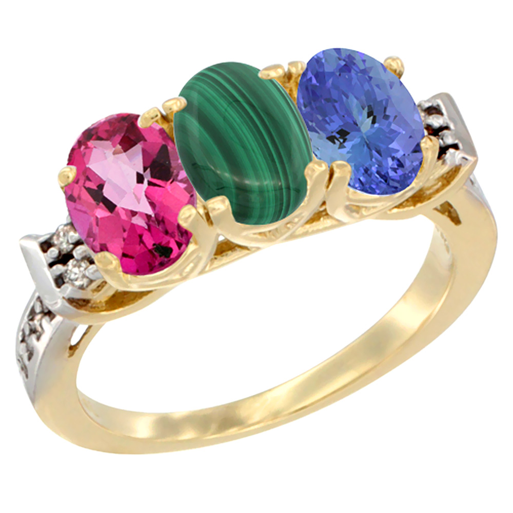 10K Yellow Gold Natural Pink Topaz, Malachite & Tanzanite Ring 3-Stone Oval 7x5 mm Diamond Accent, sizes 5 - 10