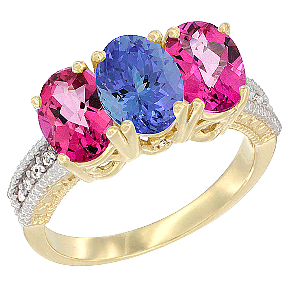 10K Yellow Gold Diamond Natural Tanzanite & Pink Topaz Ring 3-Stone 7x5 mm Oval, sizes 5 - 10