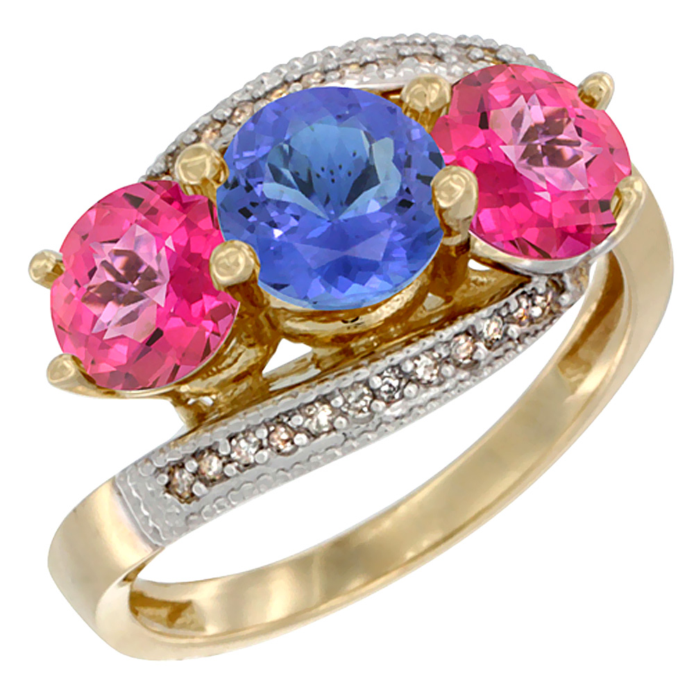 10K Yellow Gold Natural Tanzanite &amp; Pink Topaz Sides 3 stone Ring Round 6mm Diamond Accent, sizes 5 - 10