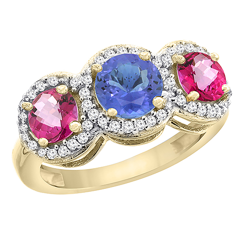 14K Yellow Gold Natural Tanzanite &amp; Pink Topaz Sides Round 3-stone Ring Diamond Accents, sizes 5 - 10