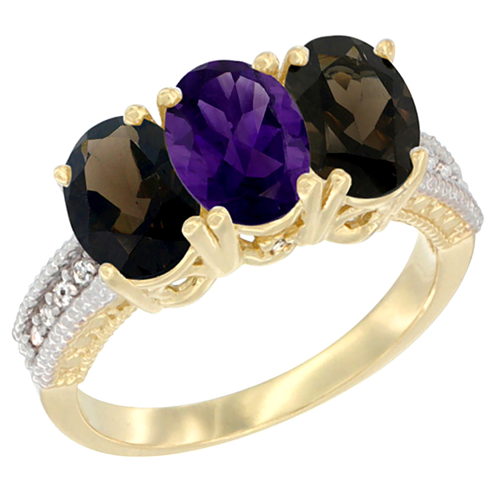 10K Yellow Gold Diamond Natural Amethyst &amp; Smoky Topaz Ring 3-Stone 7x5 mm Oval, sizes 5 - 10