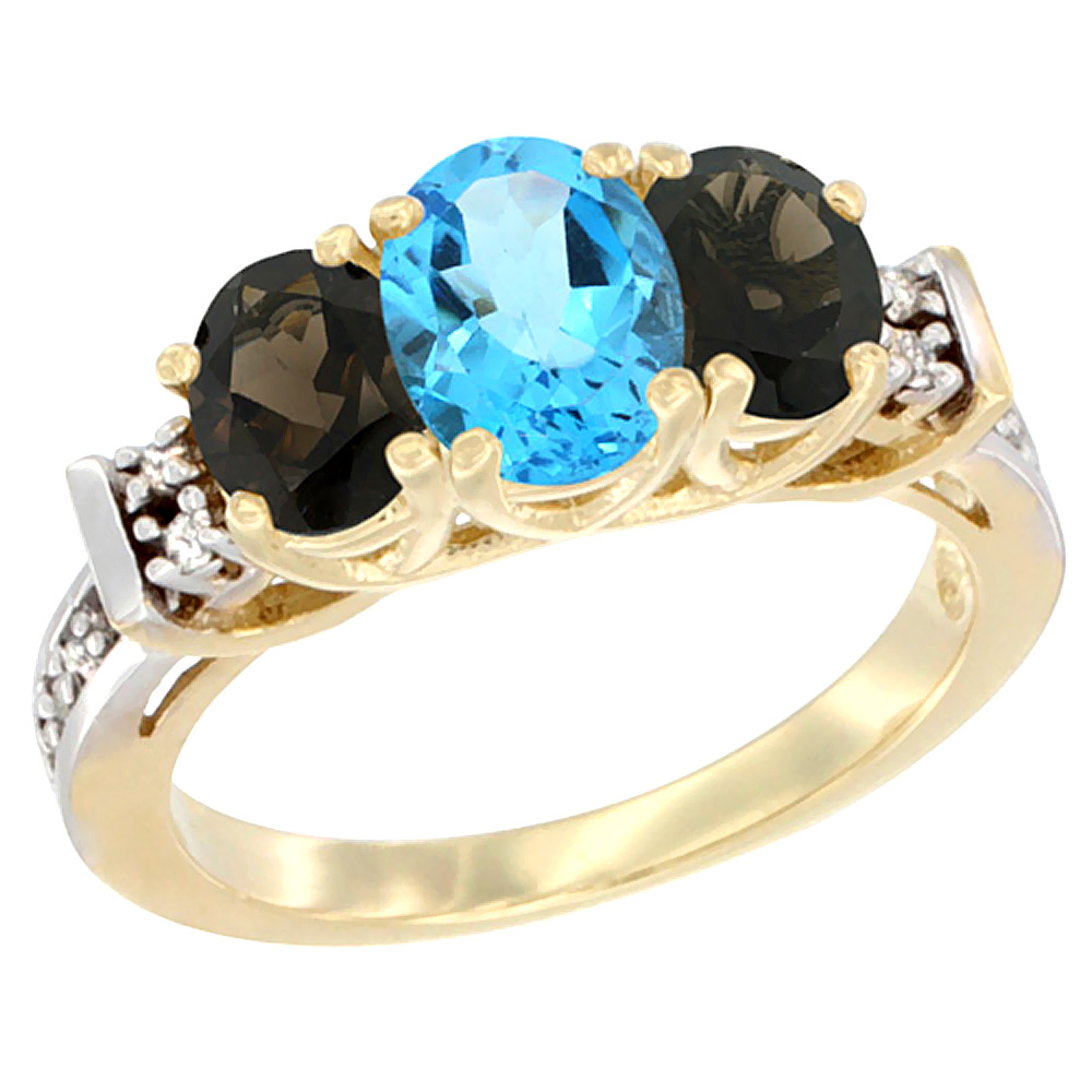 14K Yellow Gold Natural Swiss Blue Topaz & Smoky Topaz Ring 3-Stone Oval Diamond Accent