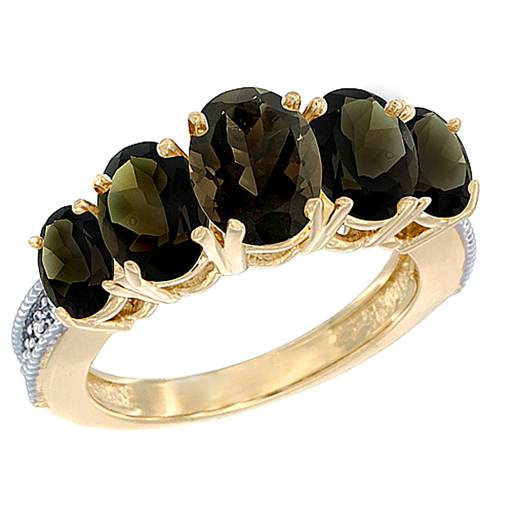 14K Yellow Gold Diamond Natural Smoky Topaz Ring 5-stone Oval 8x6 Ctr,7x5,6x4 sides, sizes 5 - 10