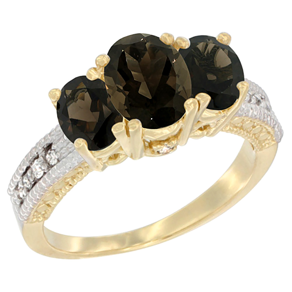 14K Yellow Gold Diamond Natural Smoky Topaz Ring Oval 3-stone, sizes 5 - 10