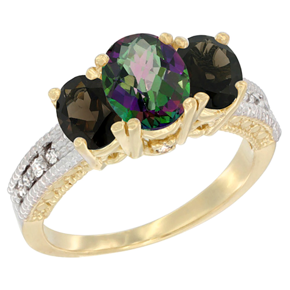 14K Yellow Gold Diamond Natural Mystic Topaz Ring Oval 3-stone with Smoky Topaz, sizes 5 - 10