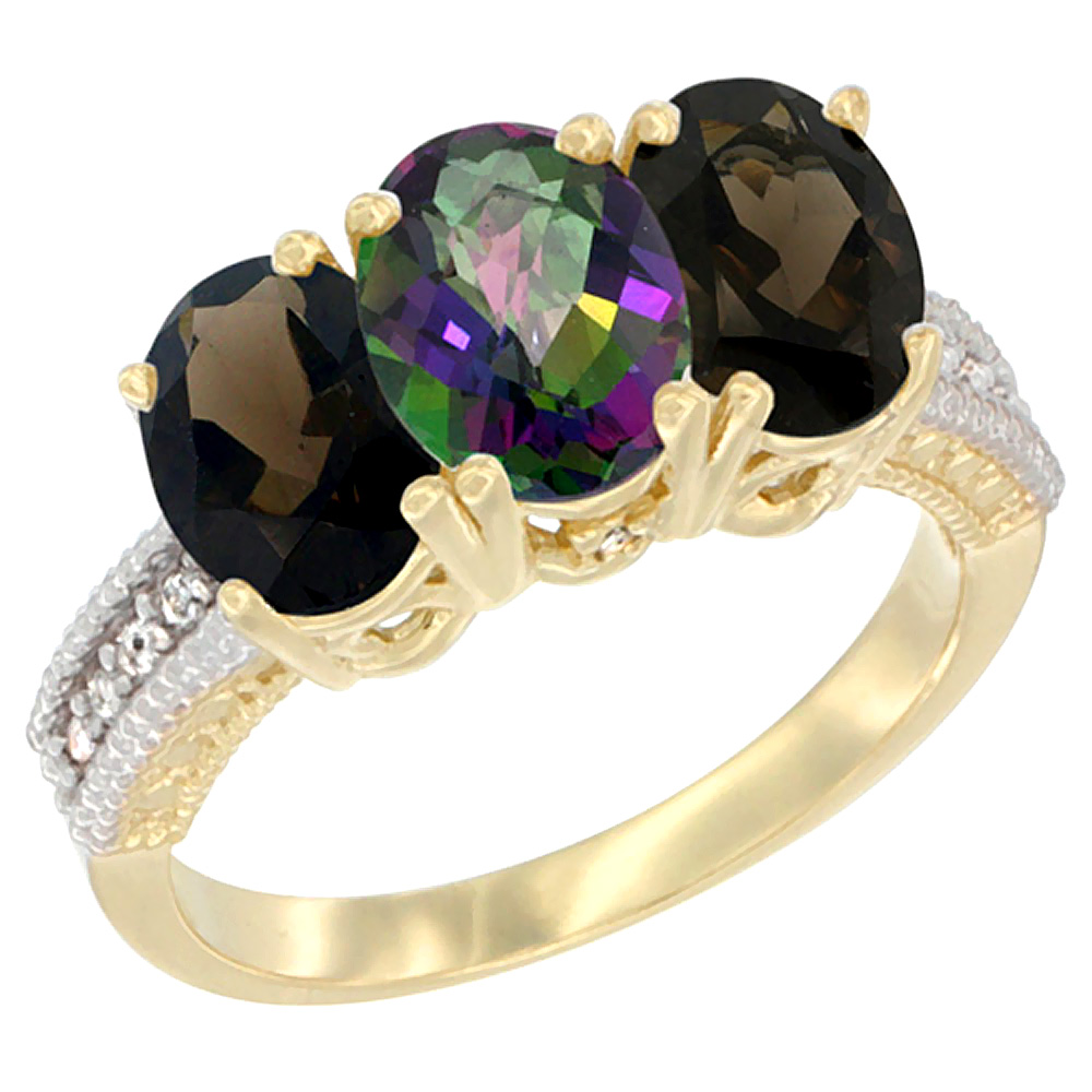 14K Yellow Gold Natural Mystic Topaz &amp; Smoky Topaz Ring 3-Stone 7x5 mm Oval Diamond Accent, sizes 5 - 10