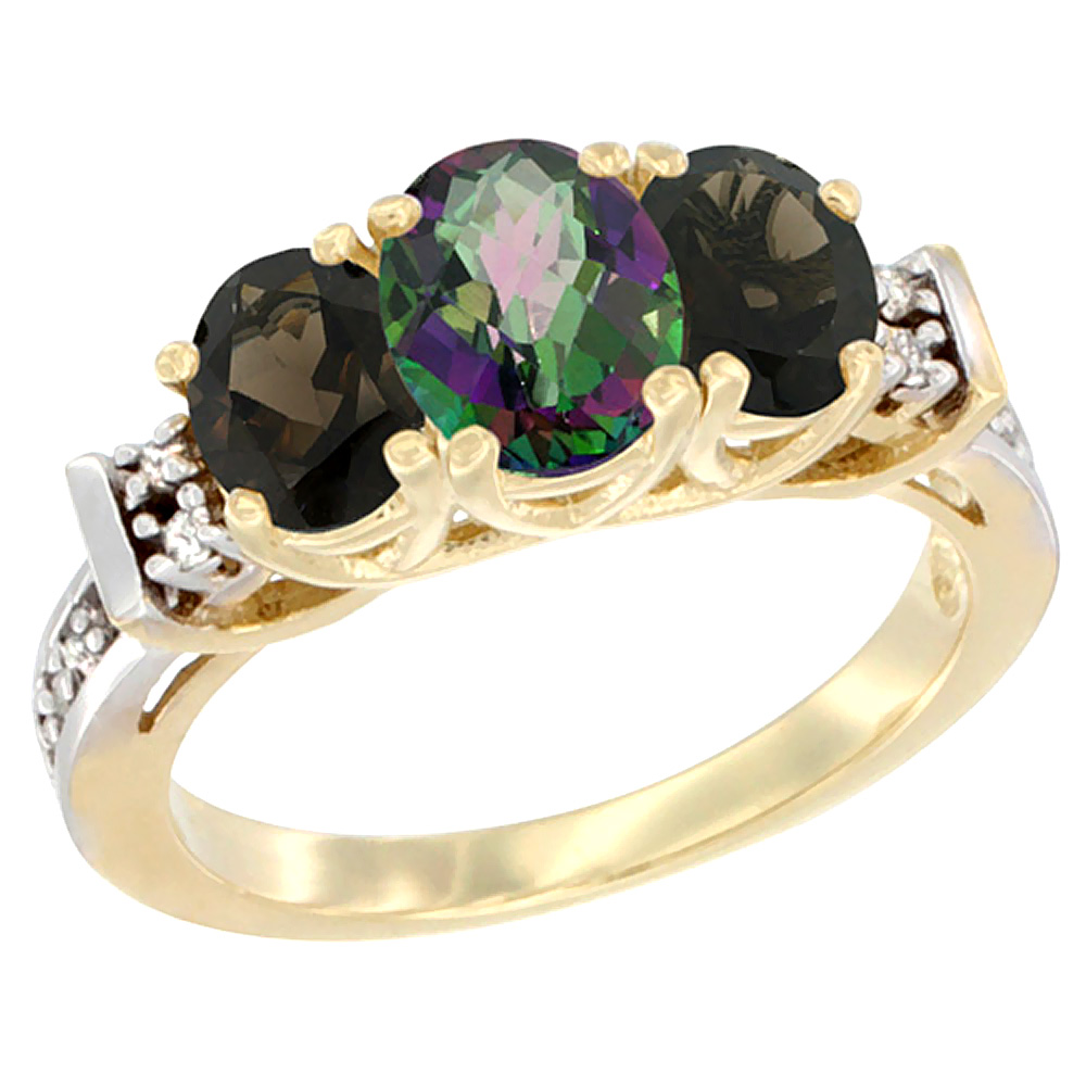 14K Yellow Gold Natural Mystic Topaz & Smoky Topaz Ring 3-Stone Oval Diamond Accent