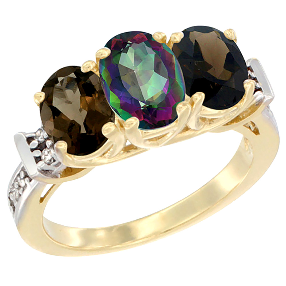 10K Yellow Gold Natural Mystic Topaz & Smoky Topaz Sides Ring 3-Stone Oval Diamond Accent, sizes 5 - 10