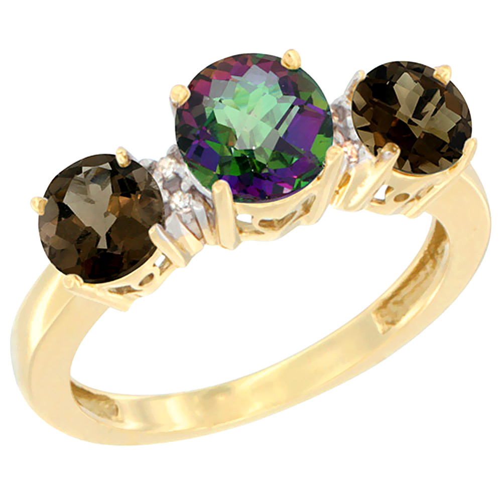 14K Yellow Gold Round 3-Stone Natural Mystic Topaz Ring &amp; Smoky Topaz Sides Diamond Accent, sizes 5 - 10