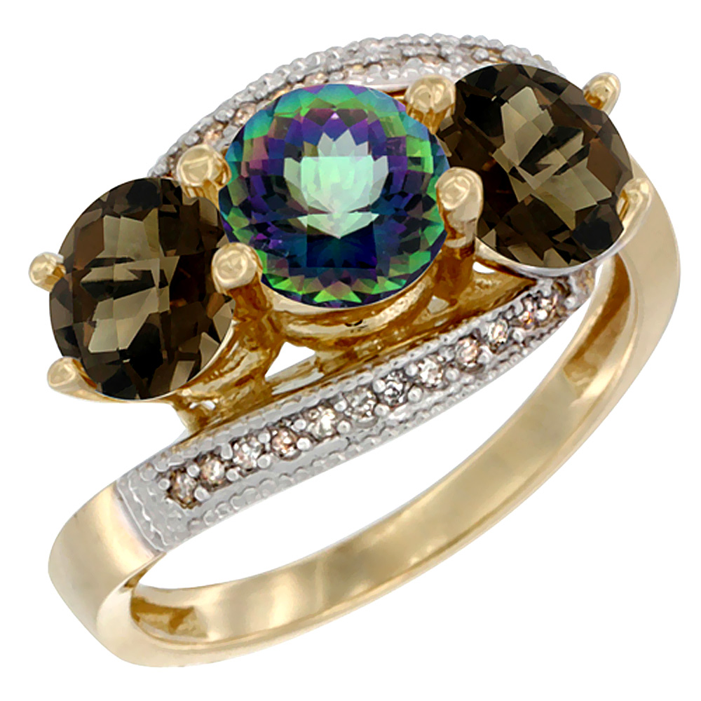 10K Yellow Gold Natural Mystic Topaz & Smoky Topaz Sides 3 stone Ring Round 6mm Diamond Accent, sizes 5 - 10