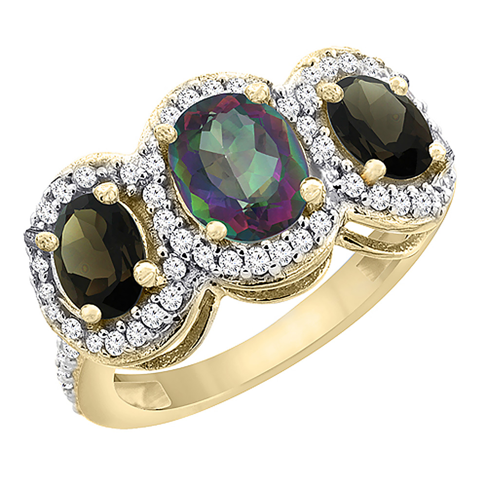 14K Yellow Gold Natural Mystic Topaz & Smoky Topaz 3-Stone Ring Oval Diamond Accent, sizes 5 - 10