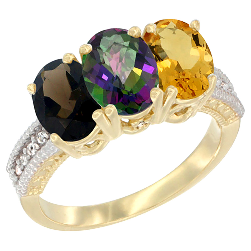 14K Yellow Gold Natural Smoky Topaz, Mystic Topaz & Citrine Ring 3-Stone 7x5 mm Oval Diamond Accent, sizes 5 - 10