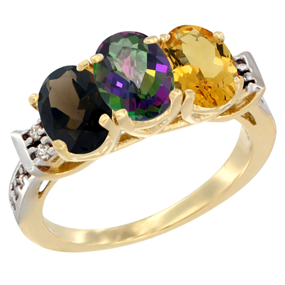 10K Yellow Gold Natural Smoky Topaz, Mystic Topaz &amp; Citrine Ring 3-Stone Oval 7x5 mm Diamond Accent, sizes 5 - 10