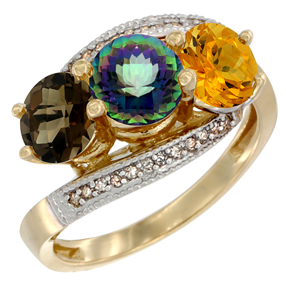 14K Yellow Gold Natural Smoky Topaz, Mystic Topaz & Citrine 3 stone Ring Round 6mm Diamond Accent, sizes 5 - 10