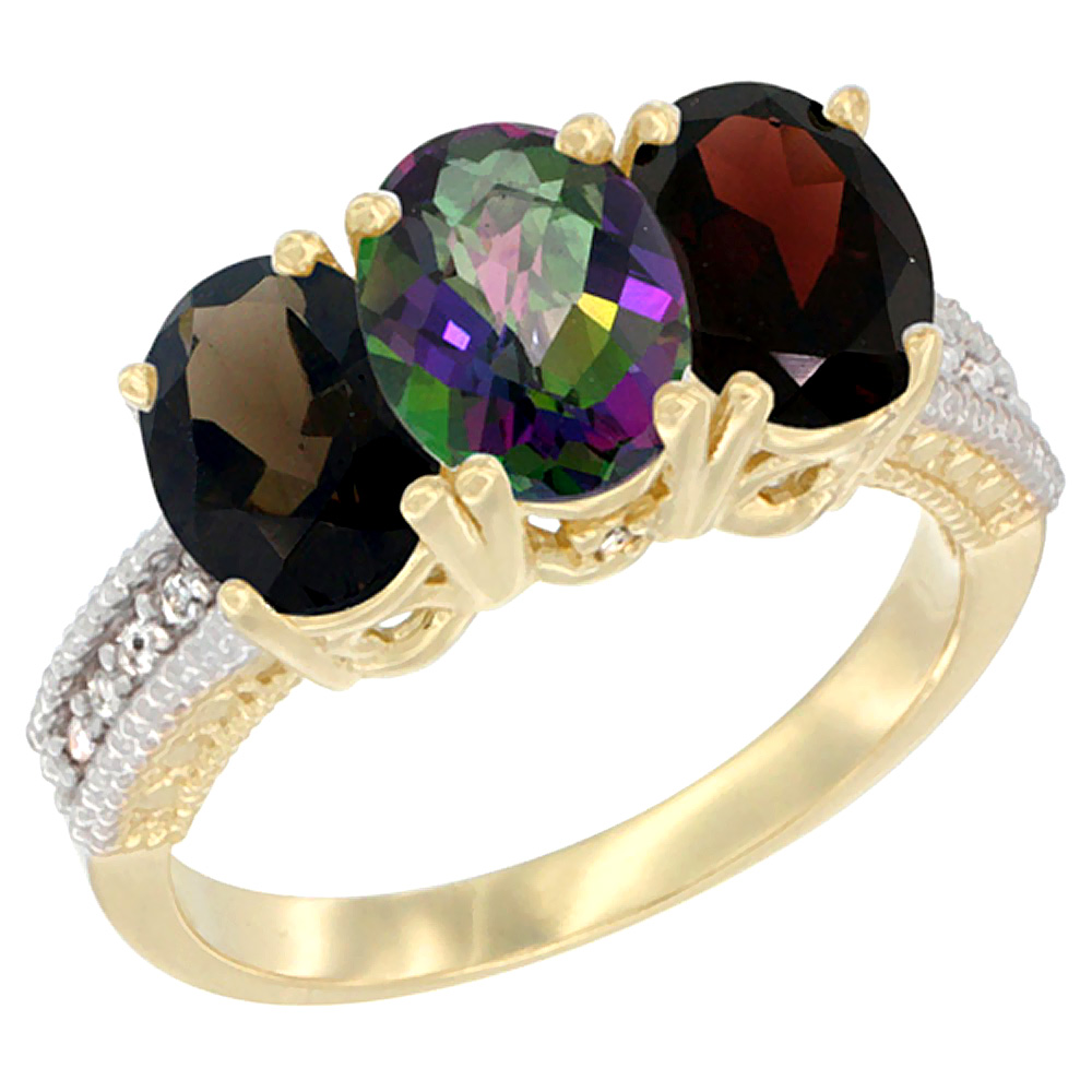 14K Yellow Gold Natural Smoky Topaz, Mystic Topaz & Garnet Ring 3-Stone 7x5 mm Oval Diamond Accent, sizes 5 - 10