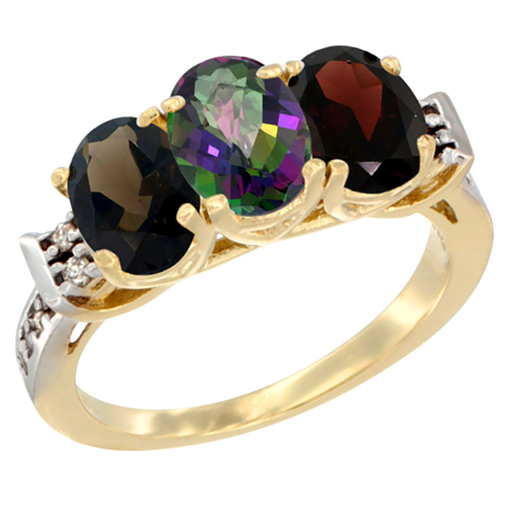 10K Yellow Gold Natural Smoky Topaz, Mystic Topaz & Garnet Ring 3-Stone Oval 7x5 mm Diamond Accent, sizes 5 - 10