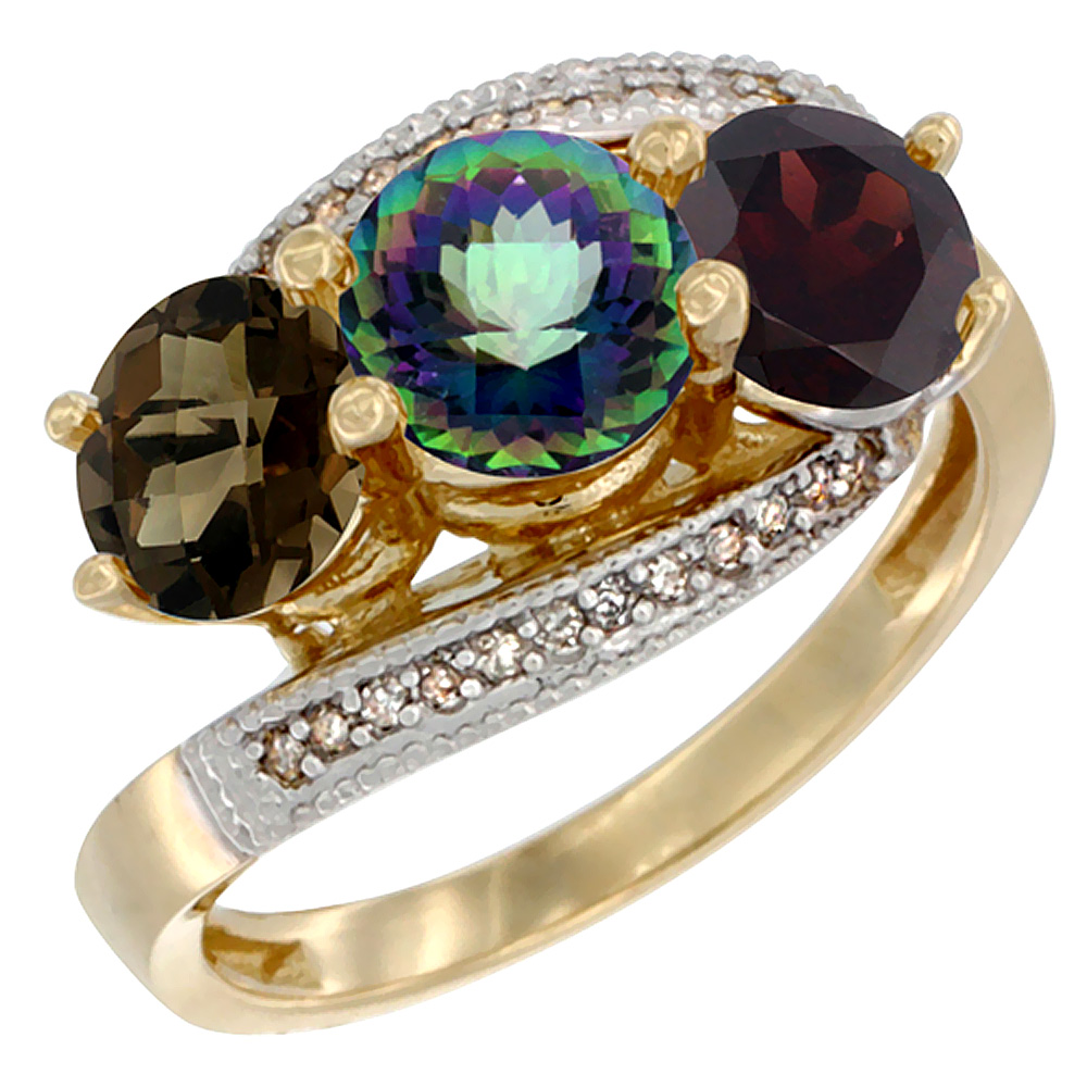 14K Yellow Gold Natural Smoky Topaz, Mystic Topaz & Garnet 3 stone Ring Round 6mm Diamond Accent, sizes 5 - 10