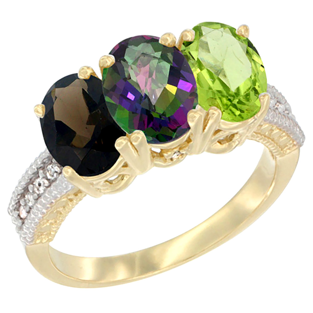 14K Yellow Gold Natural Smoky Topaz, Mystic Topaz & Peridot Ring 3-Stone 7x5 mm Oval Diamond Accent, sizes 5 - 10