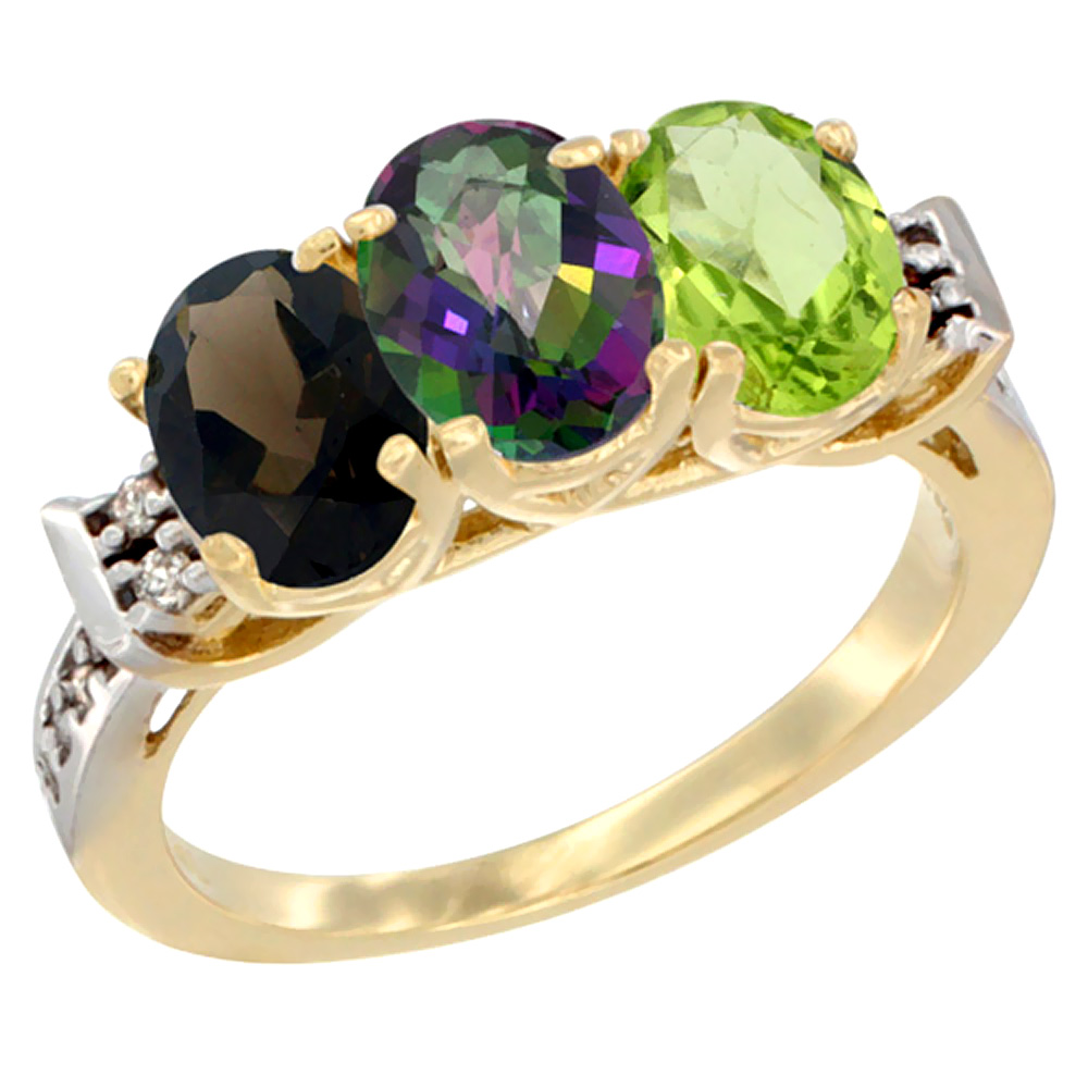 10K Yellow Gold Natural Smoky Topaz, Mystic Topaz & Peridot Ring 3-Stone Oval 7x5 mm Diamond Accent, sizes 5 - 10