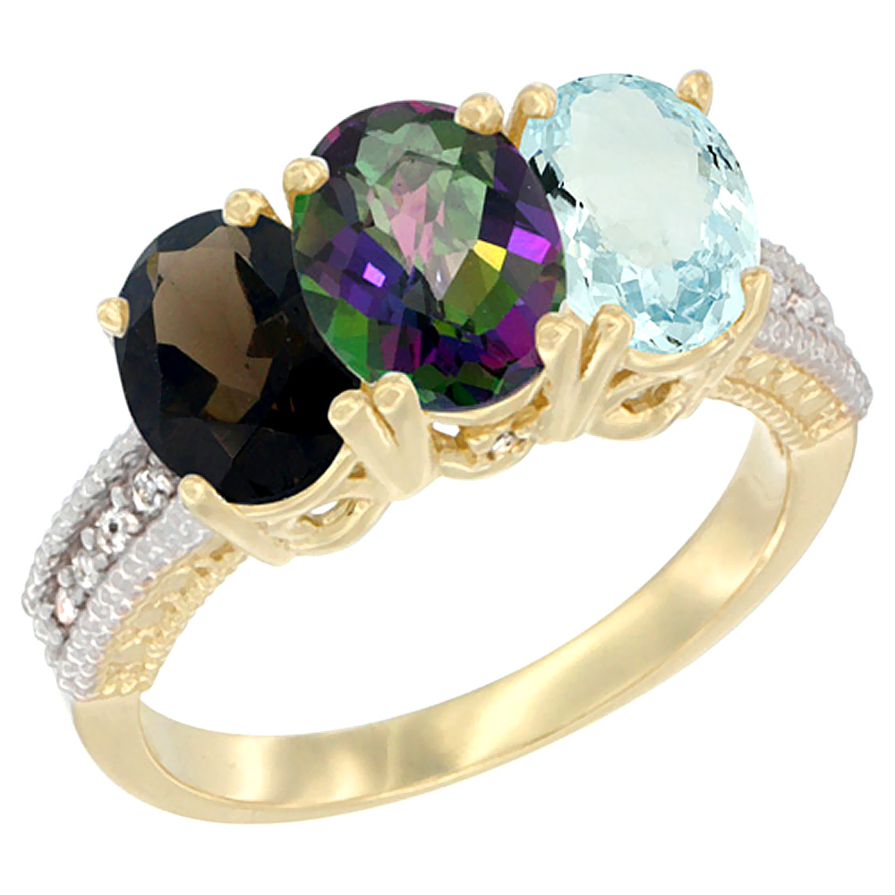 14K Yellow Gold Natural Smoky Topaz, Mystic Topaz & Aquamarine Ring 3-Stone 7x5 mm Oval Diamond Accent, sizes 5 - 10