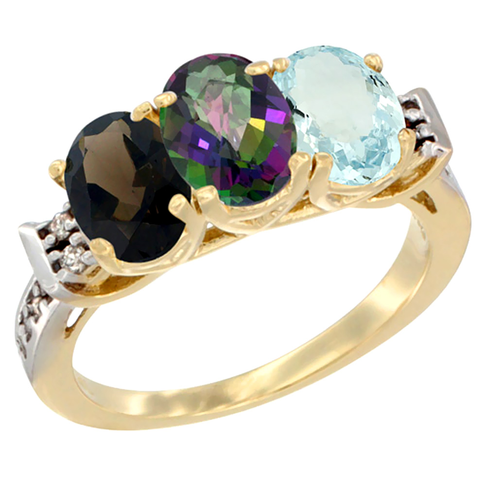 10K Yellow Gold Natural Smoky Topaz, Mystic Topaz & Aquamarine Ring 3-Stone Oval 7x5 mm Diamond Accent, sizes 5 - 10