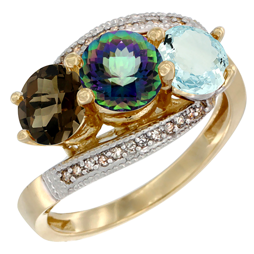 14K Yellow Gold Natural Smoky Topaz, Mystic Topaz & Aquamarine 3 stone Ring Round 6mm Diamond Accent, sizes 5 - 10