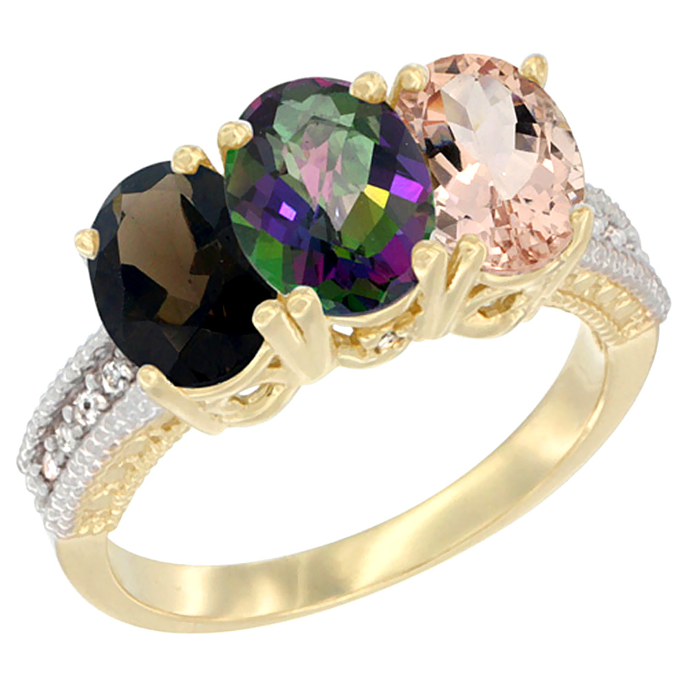 14K Yellow Gold Natural Smoky Topaz, Mystic Topaz & Morganite Ring 3-Stone 7x5 mm Oval Diamond Accent, sizes 5 - 10