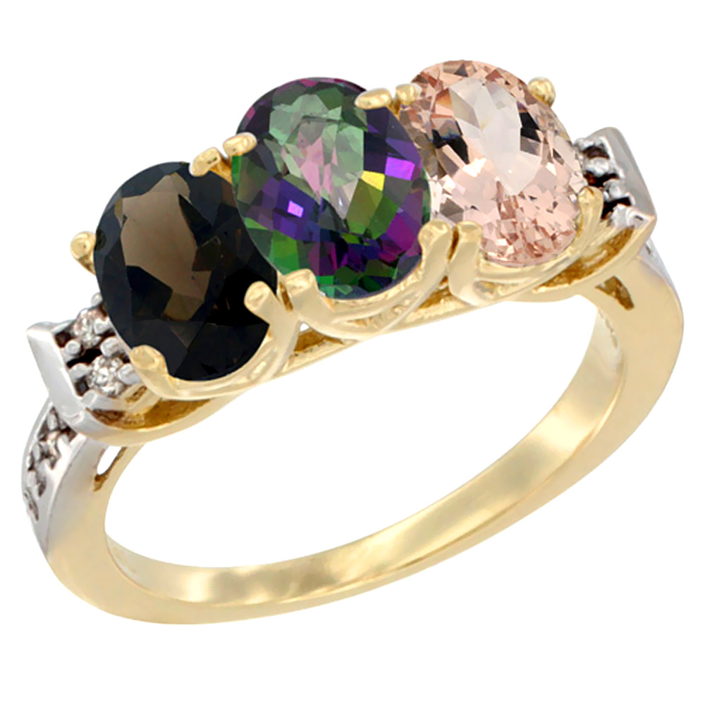 10K Yellow Gold Natural Smoky Topaz, Mystic Topaz & Morganite Ring 3-Stone Oval 7x5 mm Diamond Accent, sizes 5 - 10