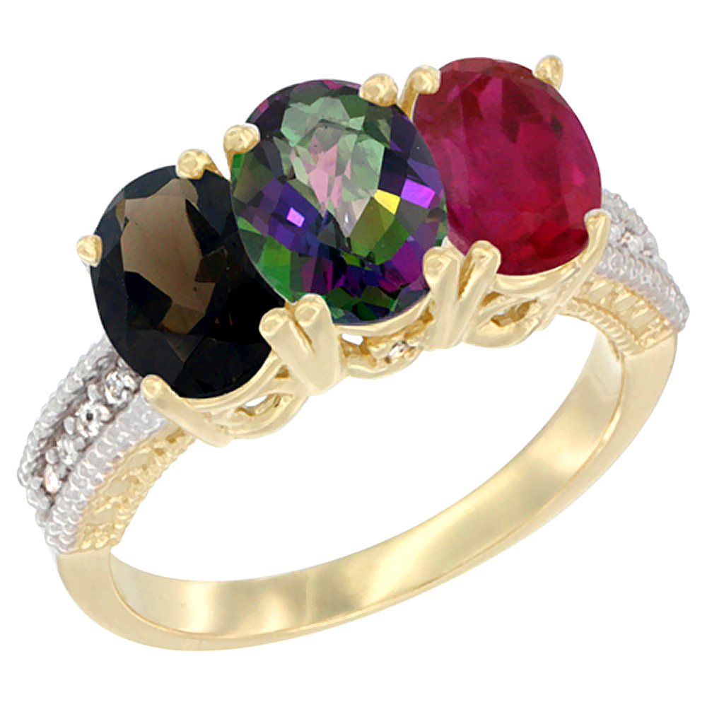 14K Yellow Gold Natural Smoky Topaz, Mystic Topaz & Enhanced Ruby Ring 3-Stone 7x5 mm Oval Diamond Accent, sizes 5 - 10