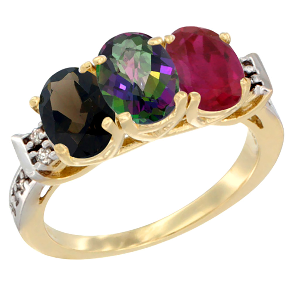 10K Yellow Gold Natural Smoky Topaz, Mystic Topaz &amp; Enhanced Ruby Ring 3-Stone Oval 7x5 mm Diamond Accent, sizes 5 - 10