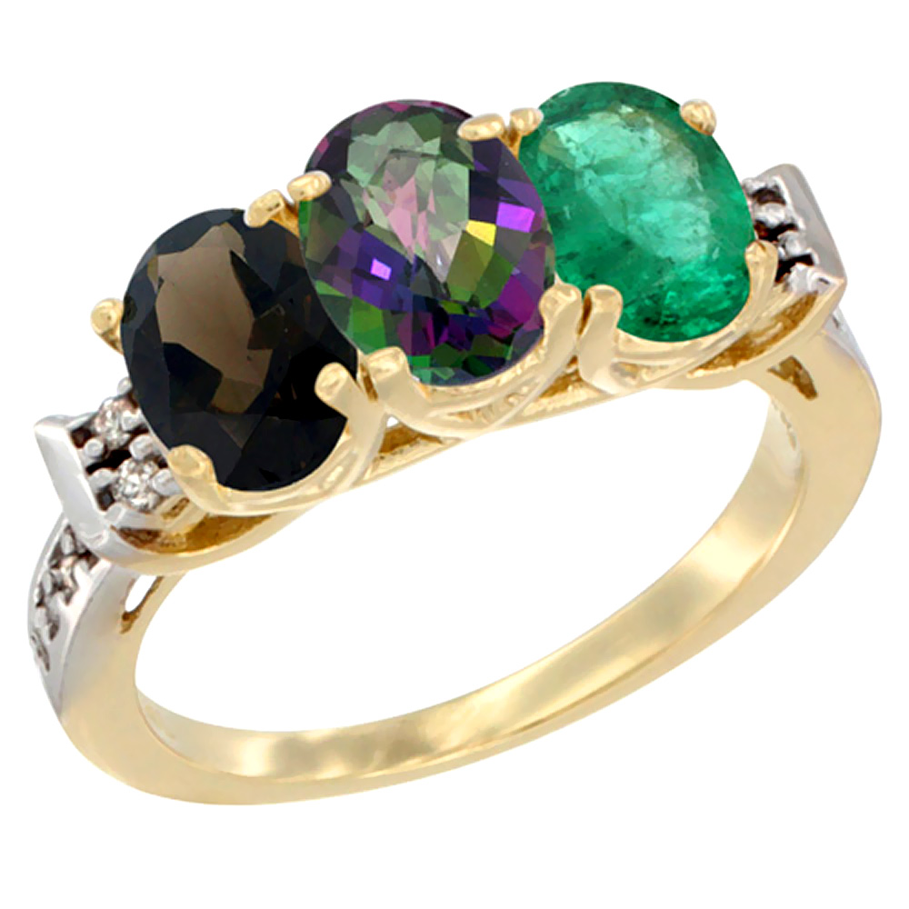 10K Yellow Gold Natural Smoky Topaz, Mystic Topaz & Emerald Ring 3-Stone Oval 7x5 mm Diamond Accent, sizes 5 - 10