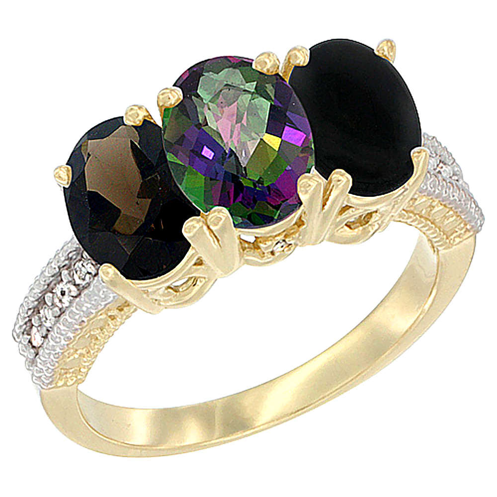 14K Yellow Gold Natural Smoky Topaz, Mystic Topaz & Black Onyx Ring 3-Stone 7x5 mm Oval Diamond Accent, sizes 5 - 10