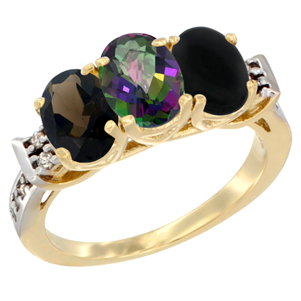 10K Yellow Gold Natural Smoky Topaz, Mystic Topaz & Black Onyx Ring 3-Stone Oval 7x5 mm Diamond Accent, sizes 5 - 10