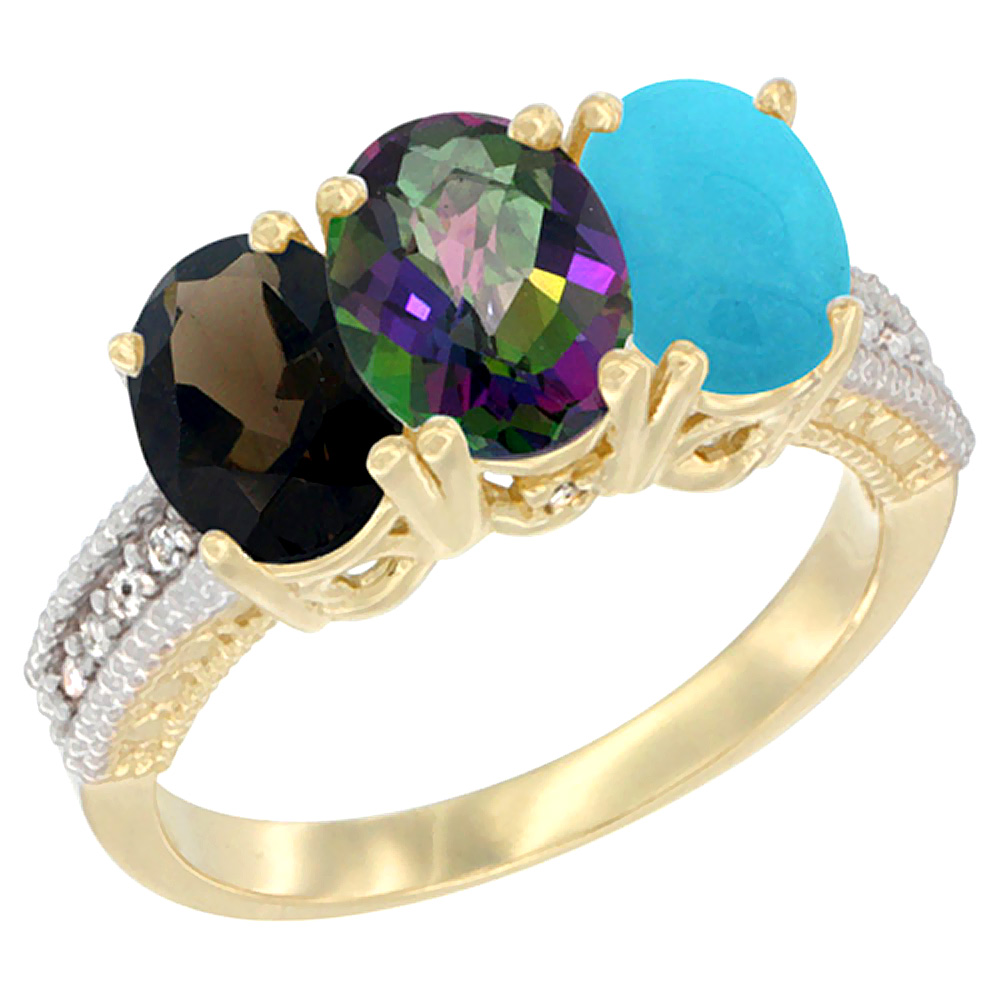 10K Yellow Gold Diamond Natural Smoky Topaz, Mystic Topaz & Turquoise Ring 3-Stone 7x5 mm Oval, sizes 5 - 10