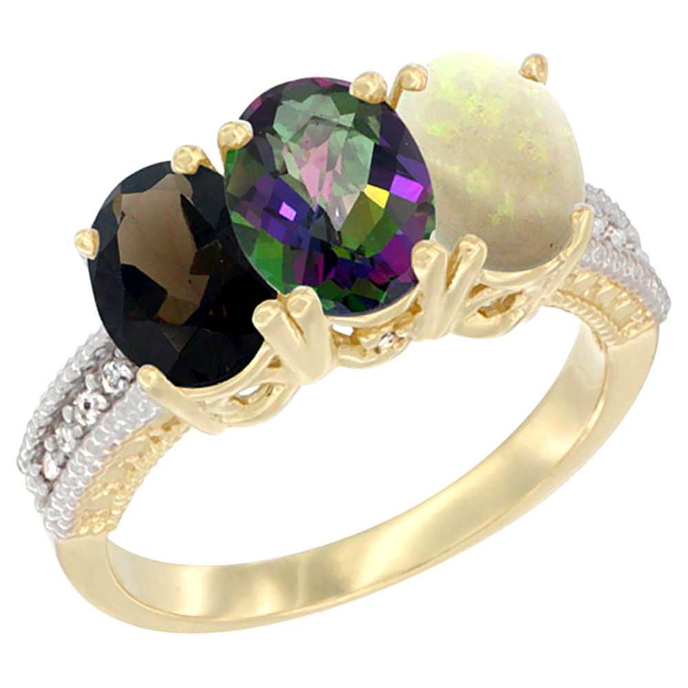 14K Yellow Gold Natural Smoky Topaz, Mystic Topaz & Opal Ring 3-Stone 7x5 mm Oval Diamond Accent, sizes 5 - 10