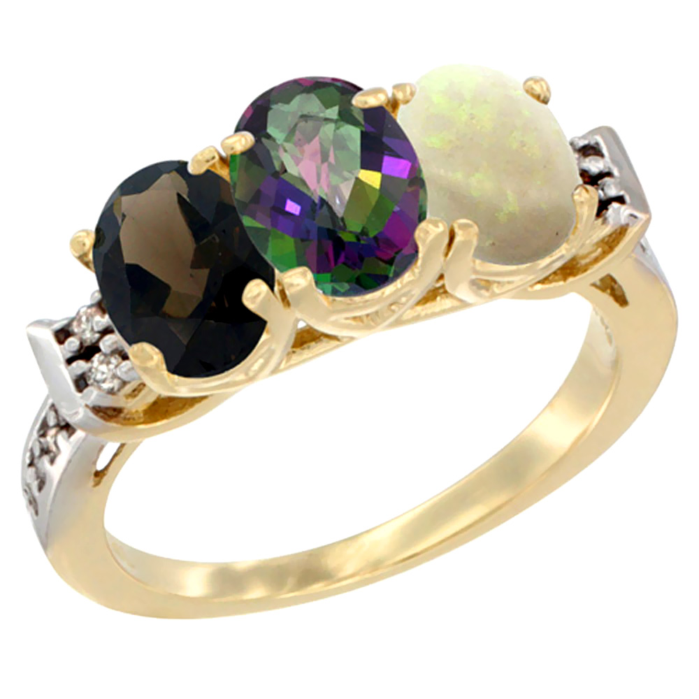 10K Yellow Gold Natural Smoky Topaz, Mystic Topaz & Opal Ring 3-Stone Oval 7x5 mm Diamond Accent, sizes 5 - 10