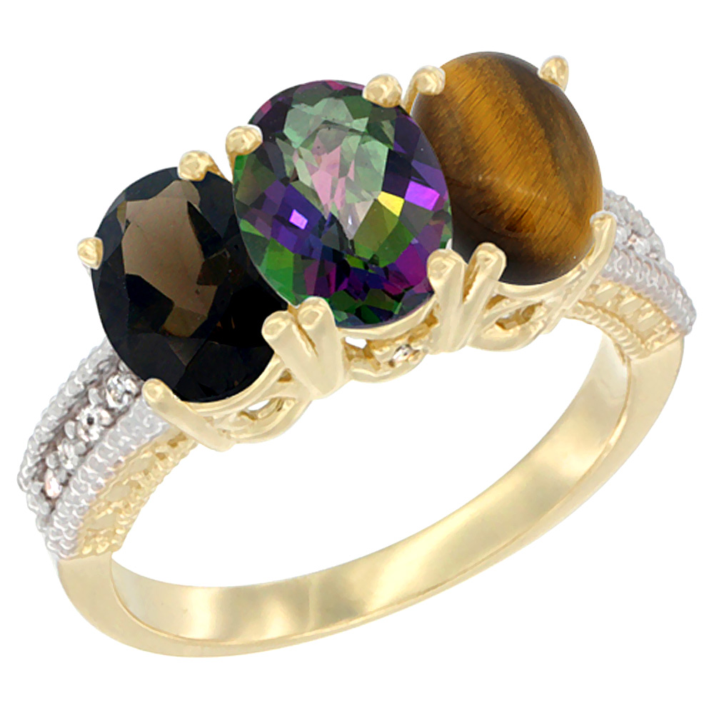 14K Yellow Gold Natural Smoky Topaz, Mystic Topaz & Tiger Eye Ring 3-Stone 7x5 mm Oval Diamond Accent, sizes 5 - 10