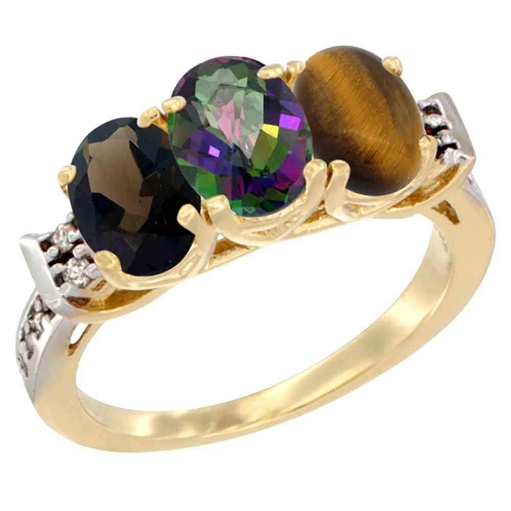 10K Yellow Gold Natural Smoky Topaz, Mystic Topaz & Tiger Eye Ring 3-Stone Oval 7x5 mm Diamond Accent, sizes 5 - 10