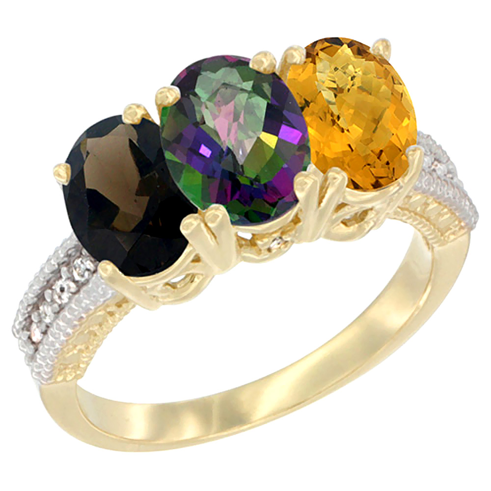 14K Yellow Gold Natural Smoky Topaz, Mystic Topaz & Whisky Quartz Ring 3-Stone 7x5 mm Oval Diamond Accent, sizes 5 - 10