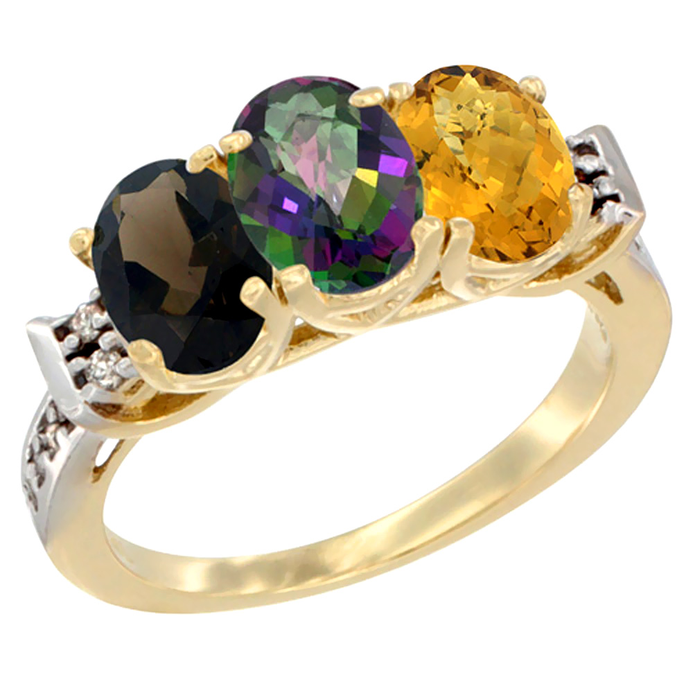 10K Yellow Gold Natural Smoky Topaz, Mystic Topaz & Whisky Quartz Ring 3-Stone Oval 7x5 mm Diamond Accent, sizes 5 - 10