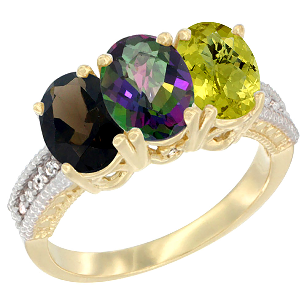 14K Yellow Gold Natural Smoky Topaz, Mystic Topaz & Lemon Quartz Ring 3-Stone 7x5 mm Oval Diamond Accent, sizes 5 - 10