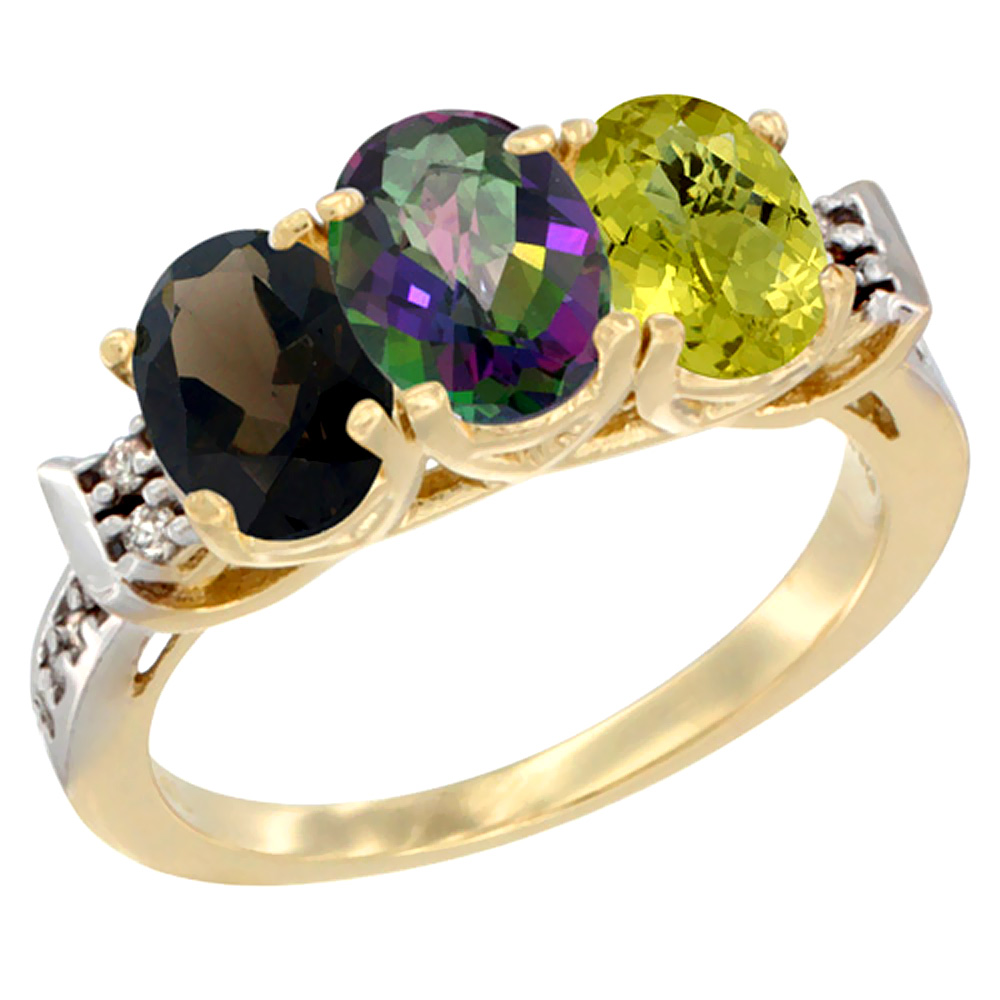 10K Yellow Gold Natural Smoky Topaz, Mystic Topaz & Lemon Quartz Ring 3-Stone Oval 7x5 mm Diamond Accent, sizes 5 - 10