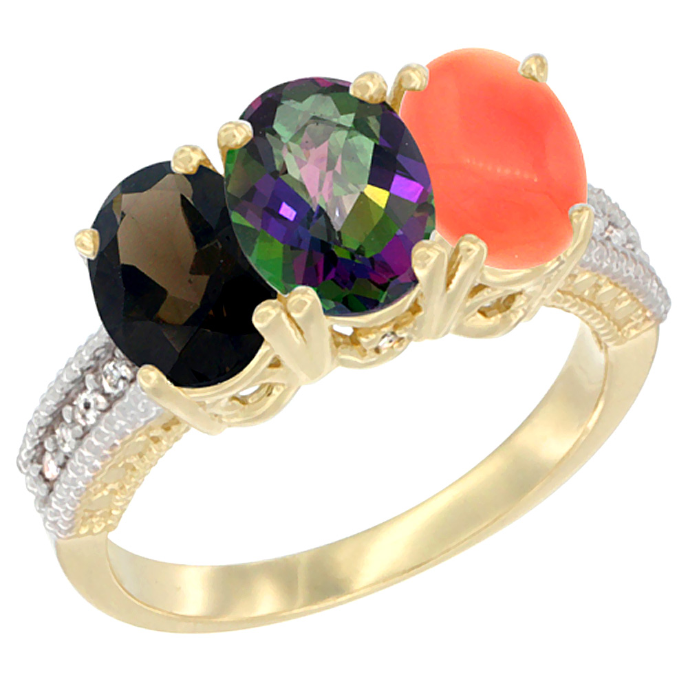 14K Yellow Gold Natural Smoky Topaz, Mystic Topaz &amp; Coral Ring 3-Stone 7x5 mm Oval Diamond Accent, sizes 5 - 10