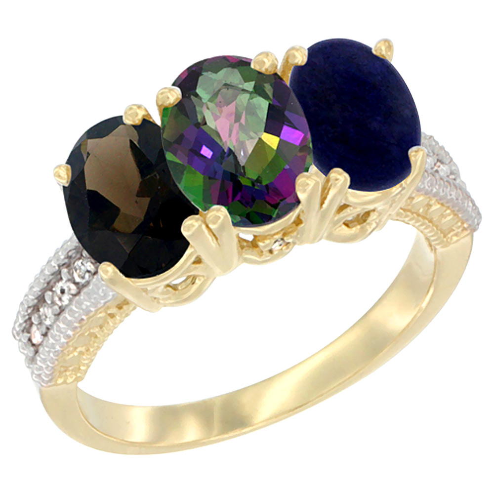 14K Yellow Gold Natural Smoky Topaz, Mystic Topaz & Lapis Ring 3-Stone 7x5 mm Oval Diamond Accent, sizes 5 - 10