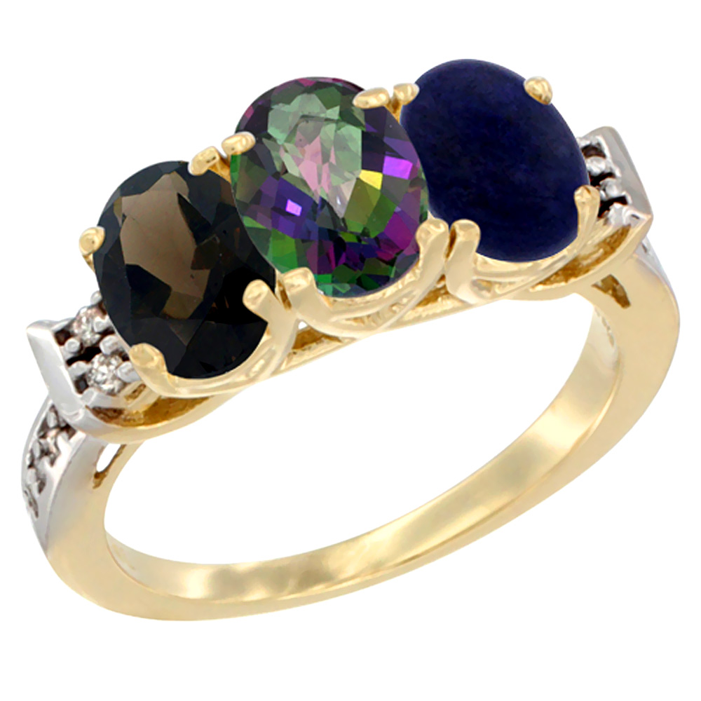 10K Yellow Gold Natural Smoky Topaz, Mystic Topaz & Lapis Ring 3-Stone Oval 7x5 mm Diamond Accent, sizes 5 - 10