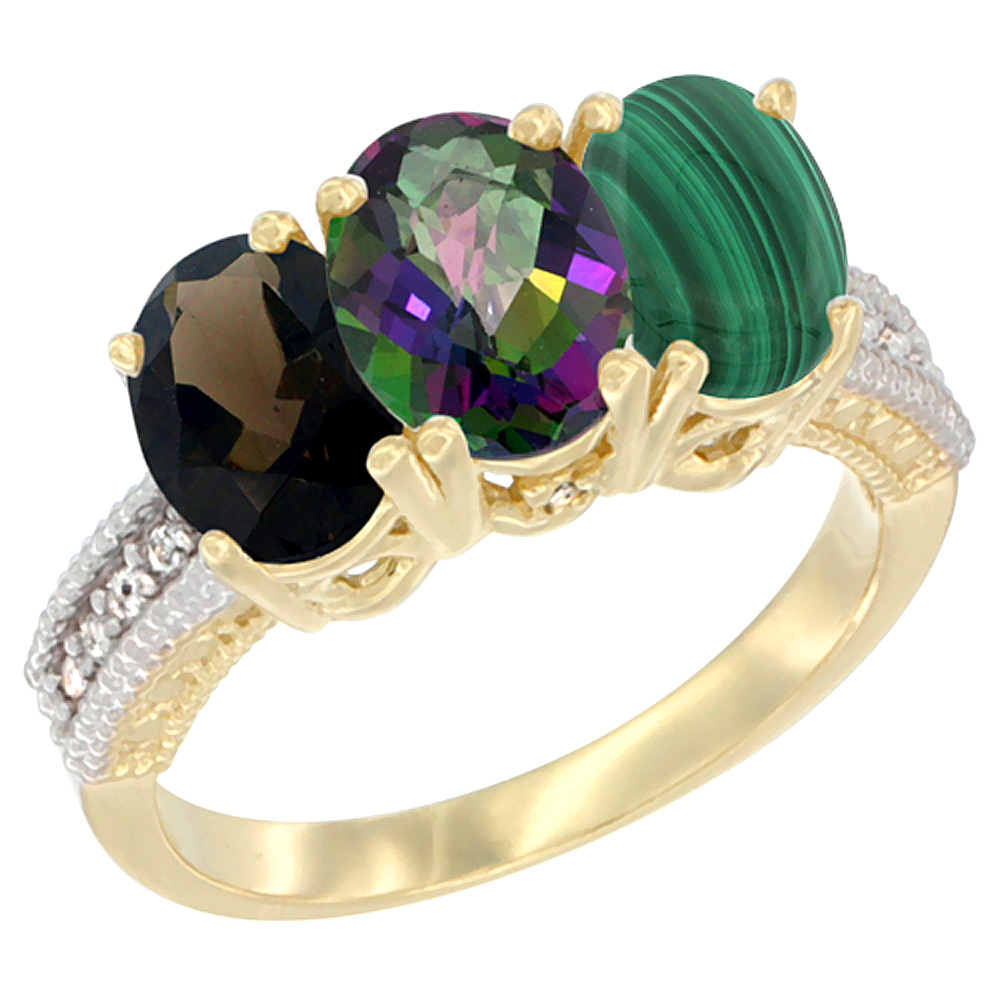 14K Yellow Gold Natural Smoky Topaz, Mystic Topaz &amp; Malachite Ring 3-Stone 7x5 mm Oval Diamond Accent, sizes 5 - 10