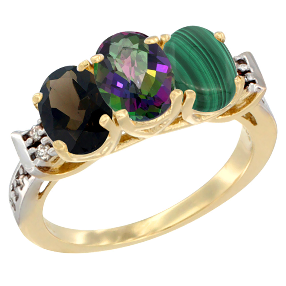 10K Yellow Gold Natural Smoky Topaz, Mystic Topaz & Malachite Ring 3-Stone Oval 7x5 mm Diamond Accent, sizes 5 - 10