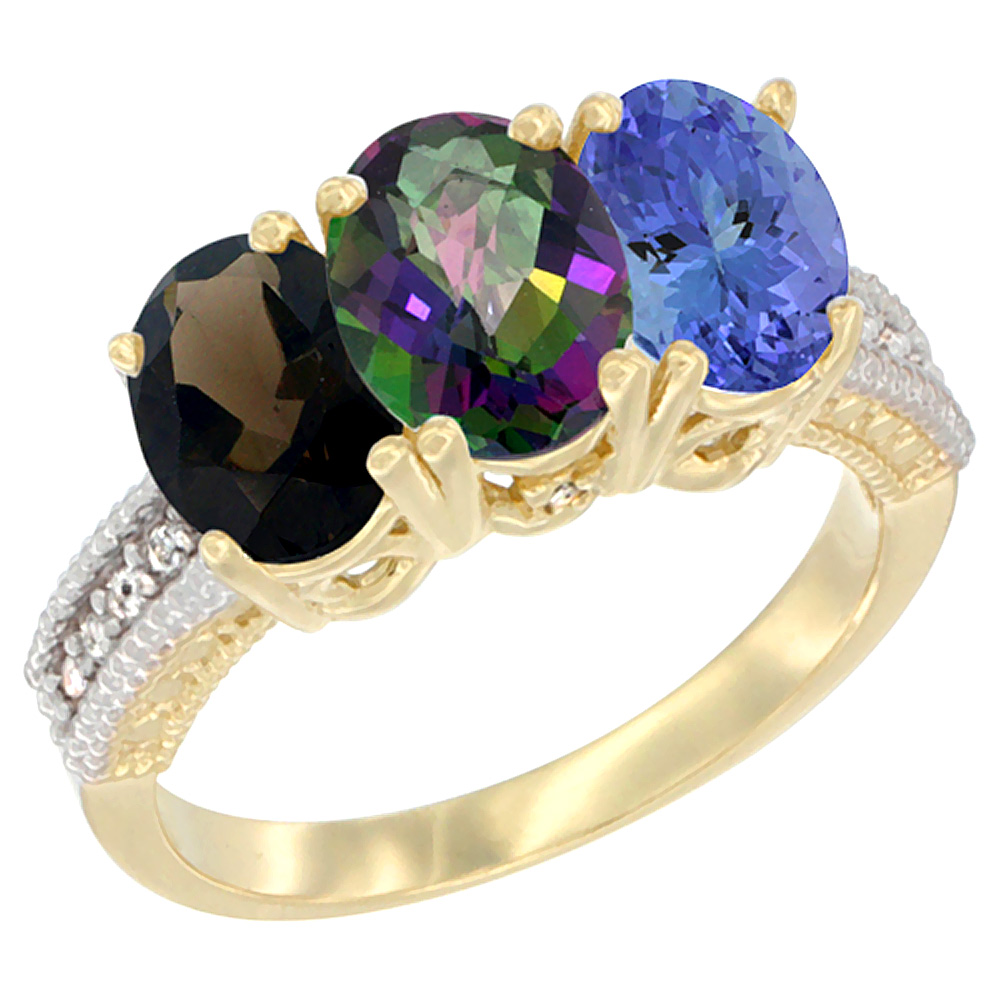 14K Yellow Gold Natural Smoky Topaz, Mystic Topaz &amp; Tanzanite Ring 3-Stone 7x5 mm Oval Diamond Accent, sizes 5 - 10