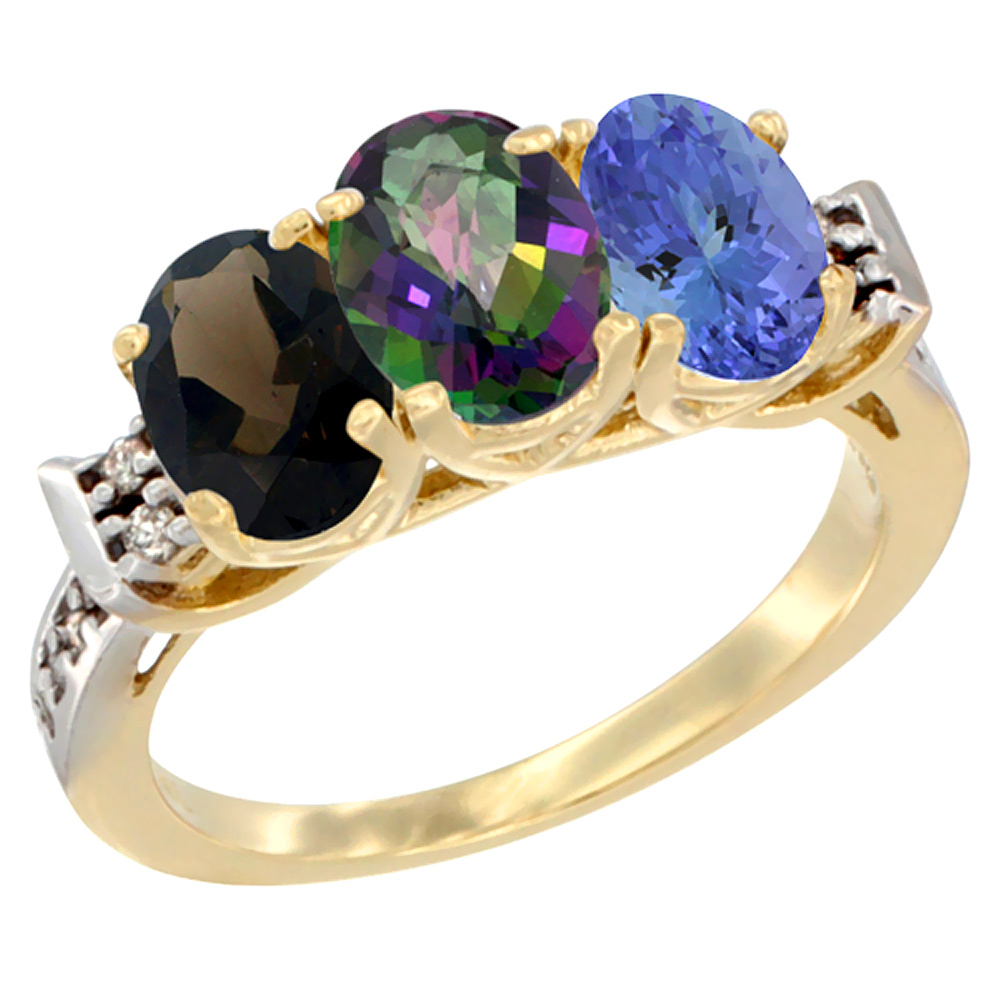 10K Yellow Gold Natural Smoky Topaz, Mystic Topaz & Tanzanite Ring 3-Stone Oval 7x5 mm Diamond Accent, sizes 5 - 10